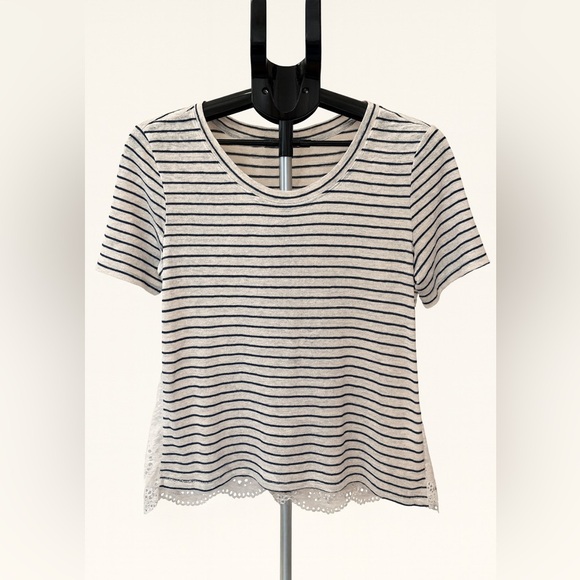 Joie White Navy Stripe Linen Cotton Top w/ Eyelet Lace Hem Size Small EUC - Picture 1 of 7
